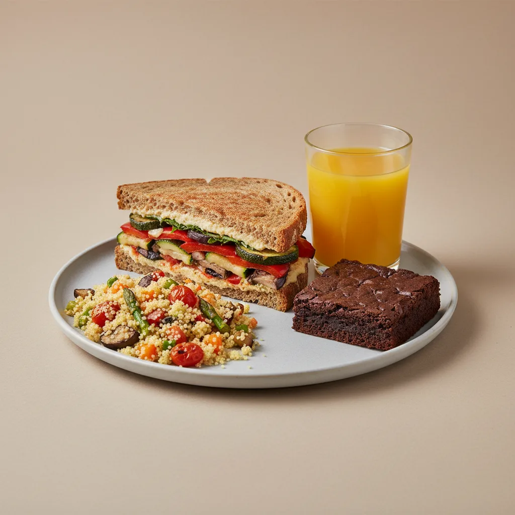 Grilled Vegetable Sandwich, Couscous, Brownie, Orange Juice Grilled Vegetable Sandwich, Couscous, Brownie, Orange Juice