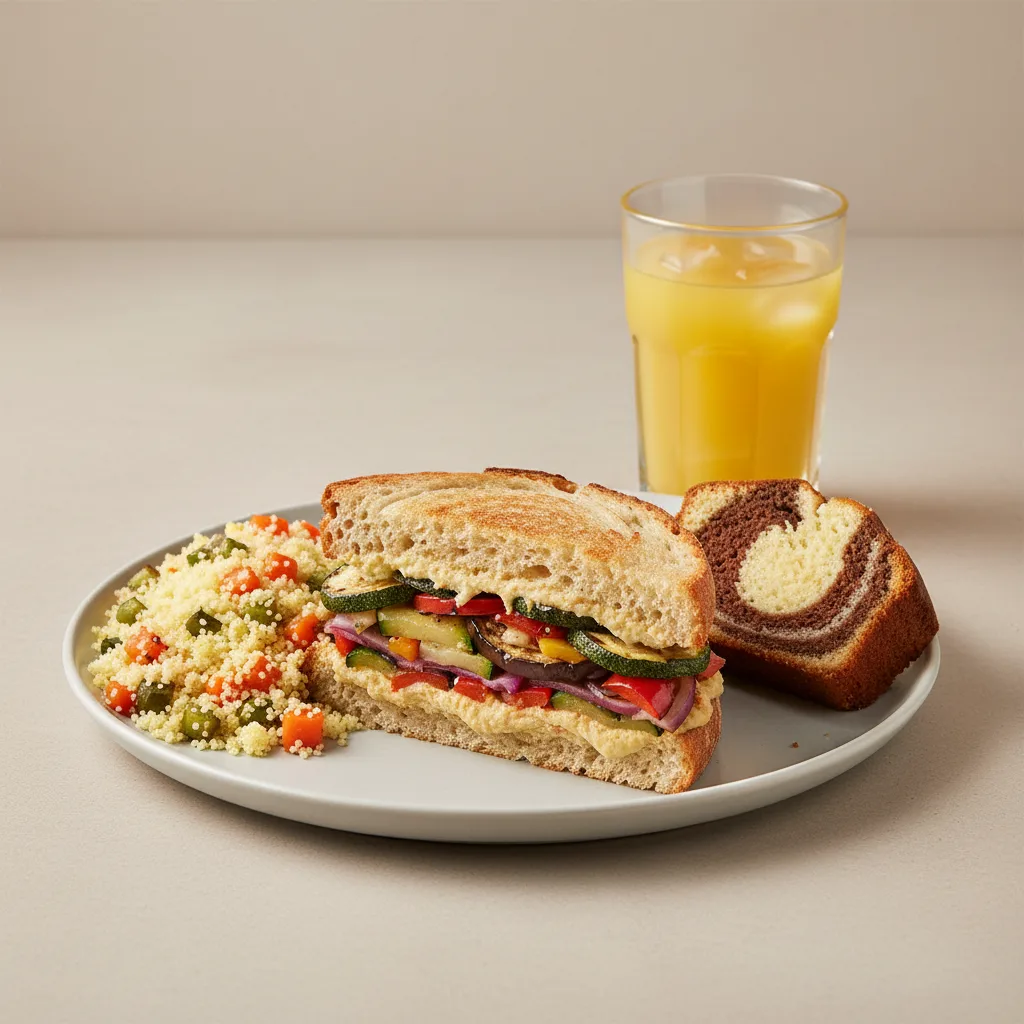 Grilled Vegetable Sandwich, Couscous, Poundcake, Orange Juice Grilled Vegetable Sandwich, Couscous, Poundcake, Orange Juice