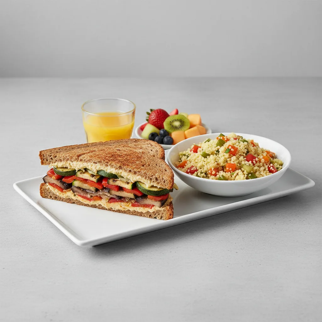 Grilled Vegetable Sandwich, Couscous, Fruit, Orange Juice Grilled Vegetable Sandwich, Couscous, Fruit, Orange Juice