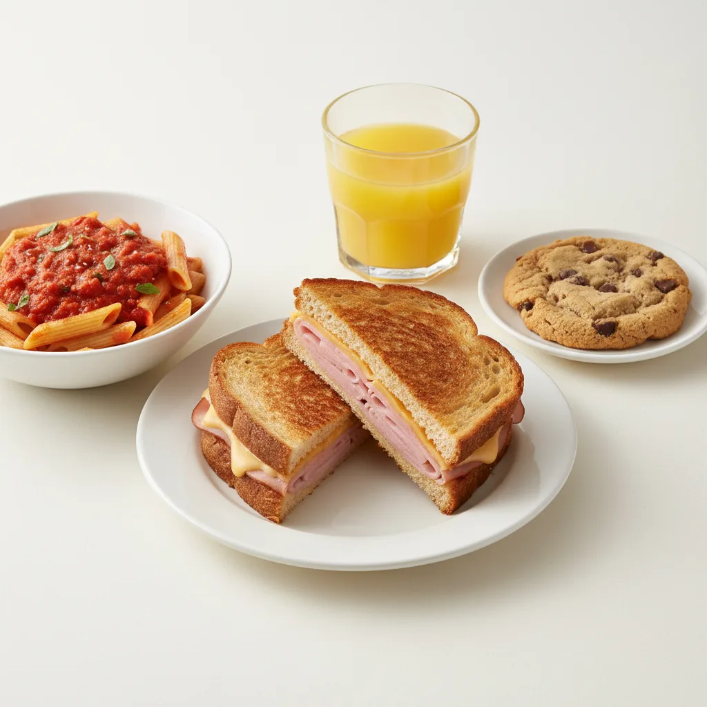Ham and Cheese Sandwich, Tomato Basil Penne, Cookie, Orange Juice Ham and Cheese Sandwich, Tomato Basil Penne, Cookie, Orange Juice