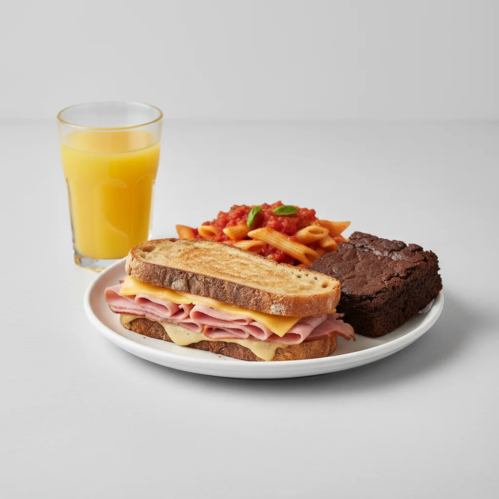 Ham and Cheese Sandwich, Tomato Basil Penne, Brownie, Orange Juice Ham and Cheese Sandwich, Tomato Basil Penne, Brownie, Orange Juice