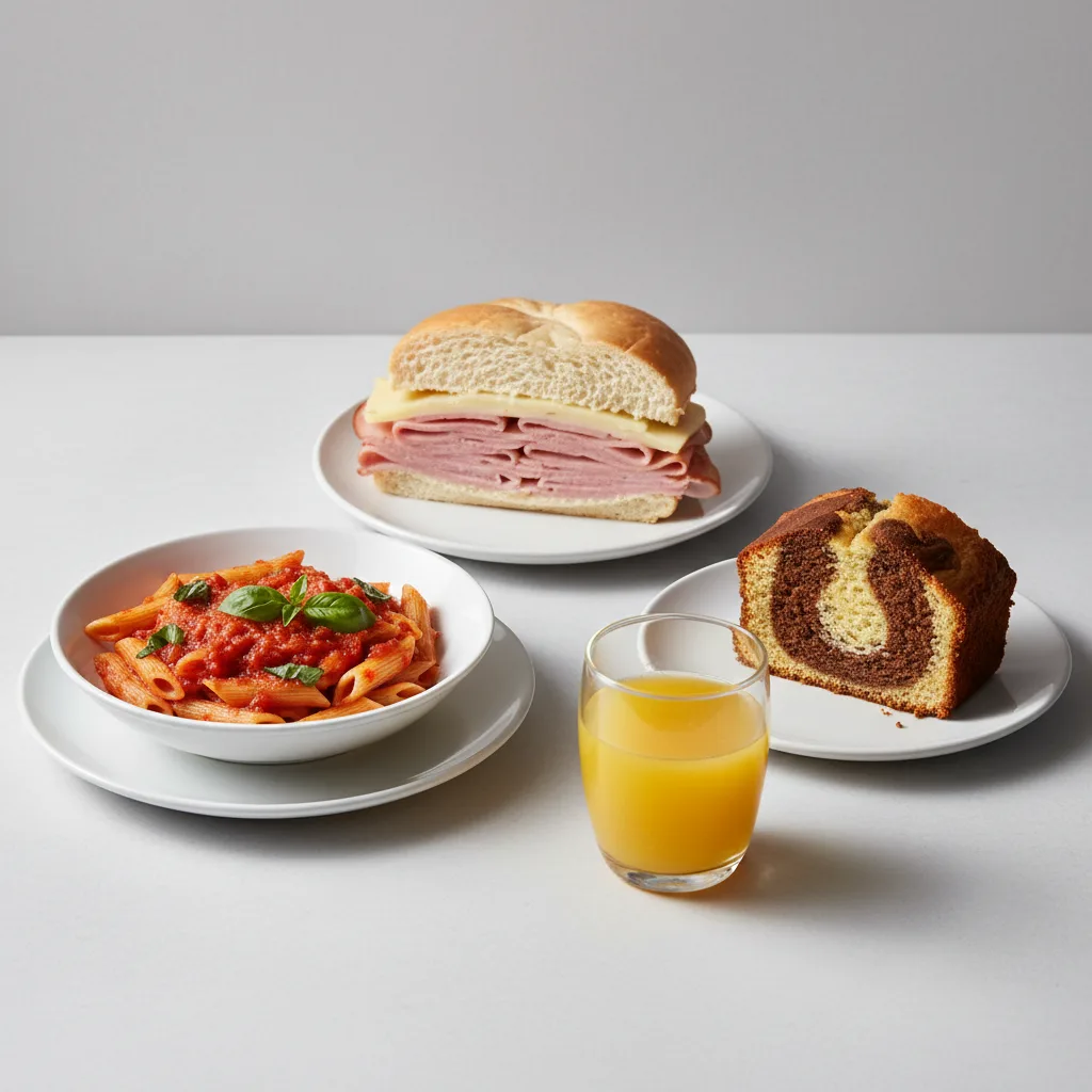 Ham and Cheese Sandwich, Tomato Basil Penne, Poundcake, Orange Juice Ham and Cheese Sandwich, Tomato Basil Penne, Poundcake, Orange Juice