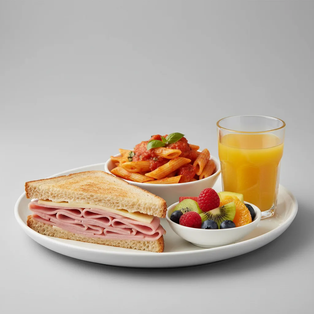 Ham and Cheese Sandwich, Tomato Basil Penne, Fruit, Orange Juice Ham and Cheese Sandwich, Tomato Basil Penne, Fruit, Orange Juice