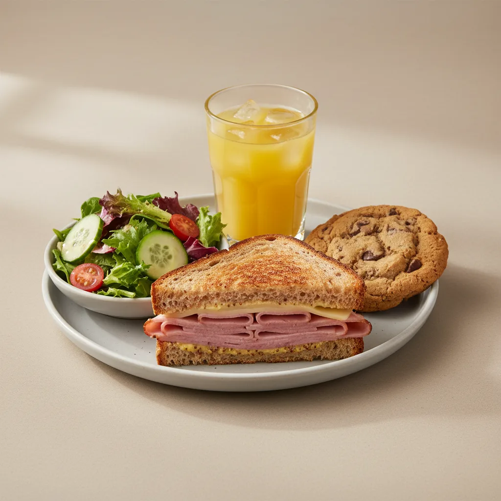Ham and Cheese Sandwich, House Salad, Cookie, Orange Juice Ham and Cheese Sandwich, House Salad, Cookie, Orange Juice