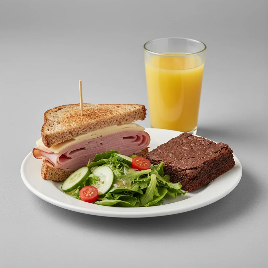 Ham and Cheese Sandwich, House Salad, Brownie, Orange Juice Ham and Cheese Sandwich, House Salad, Brownie, Orange Juice