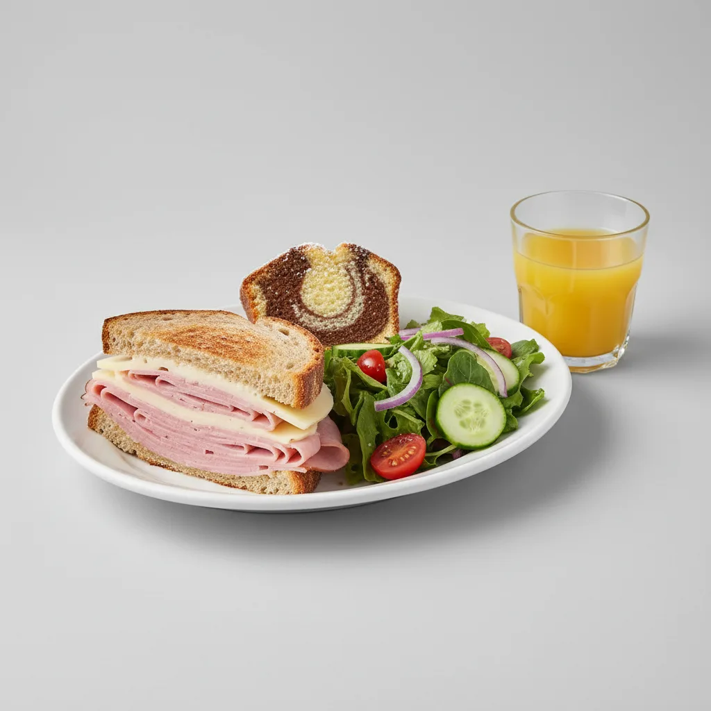 Ham and Cheese Sandwich, House Salad, Poundcake, Orange Juice Ham and Cheese Sandwich, House Salad, Poundcake, Orange Juice