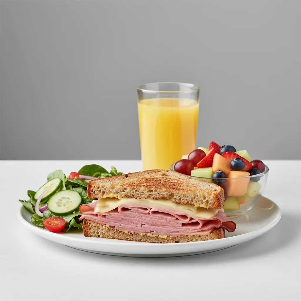 Ham and Cheese Sandwich, House Salad, Fruit, Orange Juice Ham and Cheese Sandwich, House Salad, Fruit, Orange Juice
