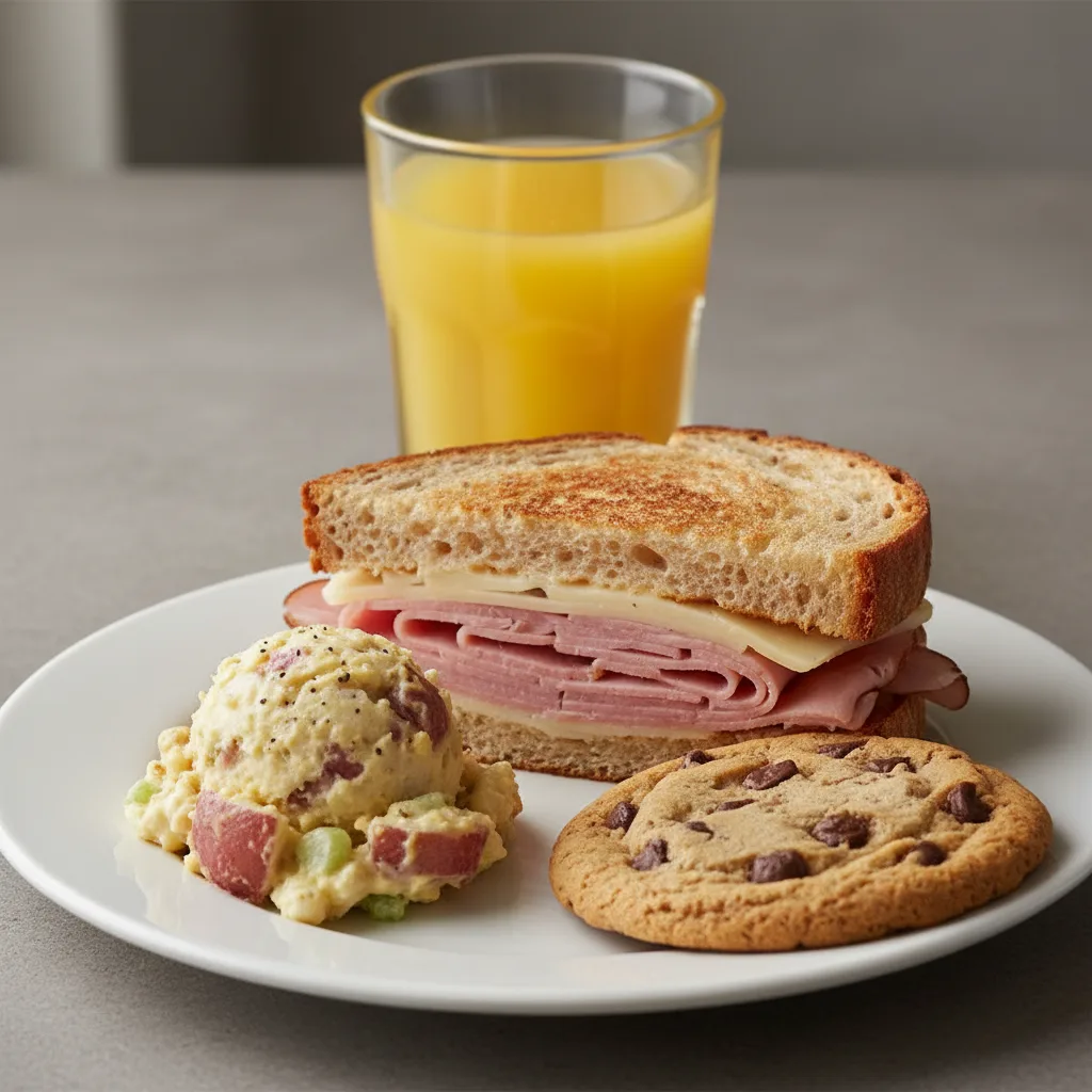 Ham and Cheese Sandwich, Potato Salad, Cookie, Orange Juice Ham and Cheese Sandwich, Potato Salad, Cookie, Orange Juice