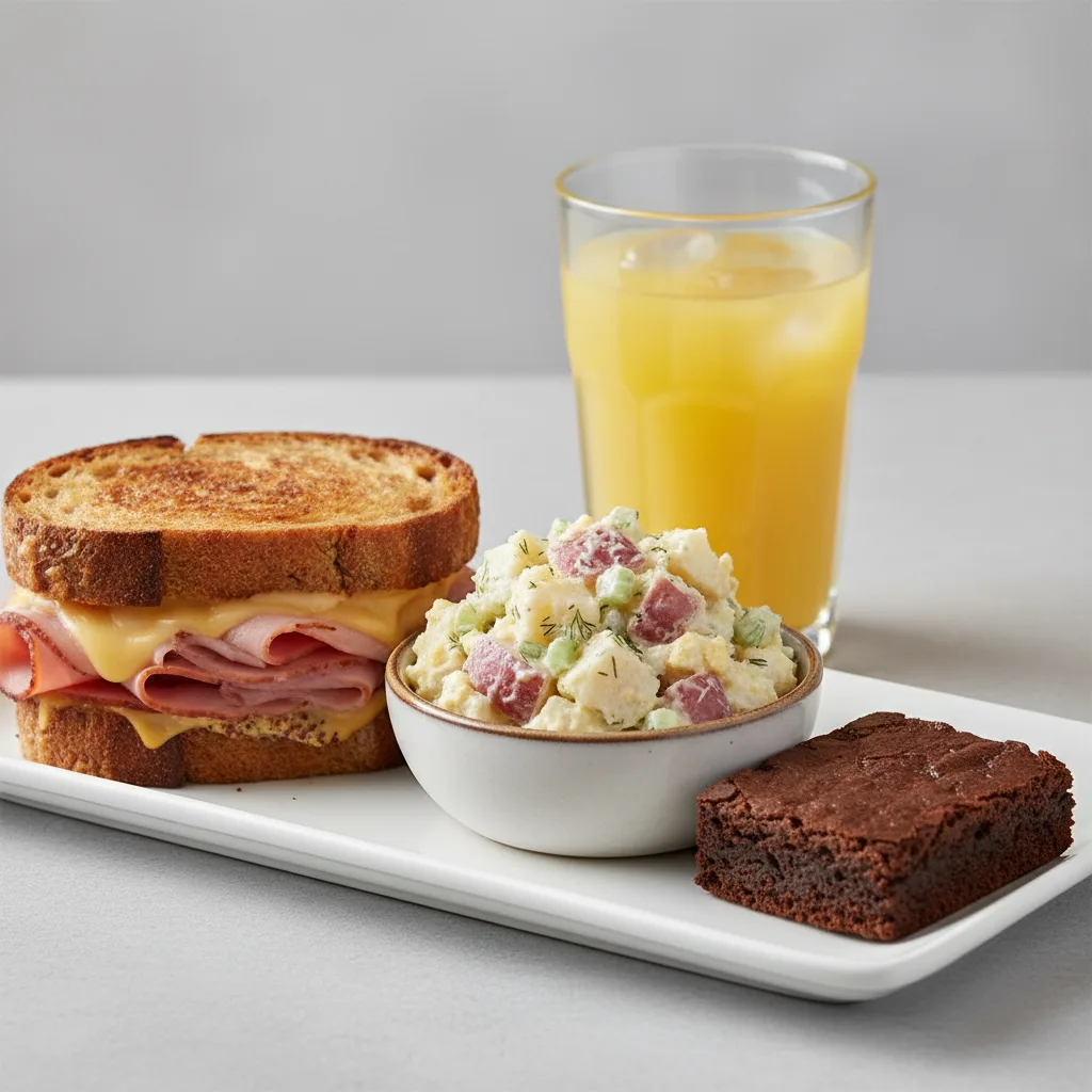 Ham and Cheese Sandwich, Potato Salad, Brownie, Orange Juice Ham and Cheese Sandwich, Potato Salad, Brownie, Orange Juice