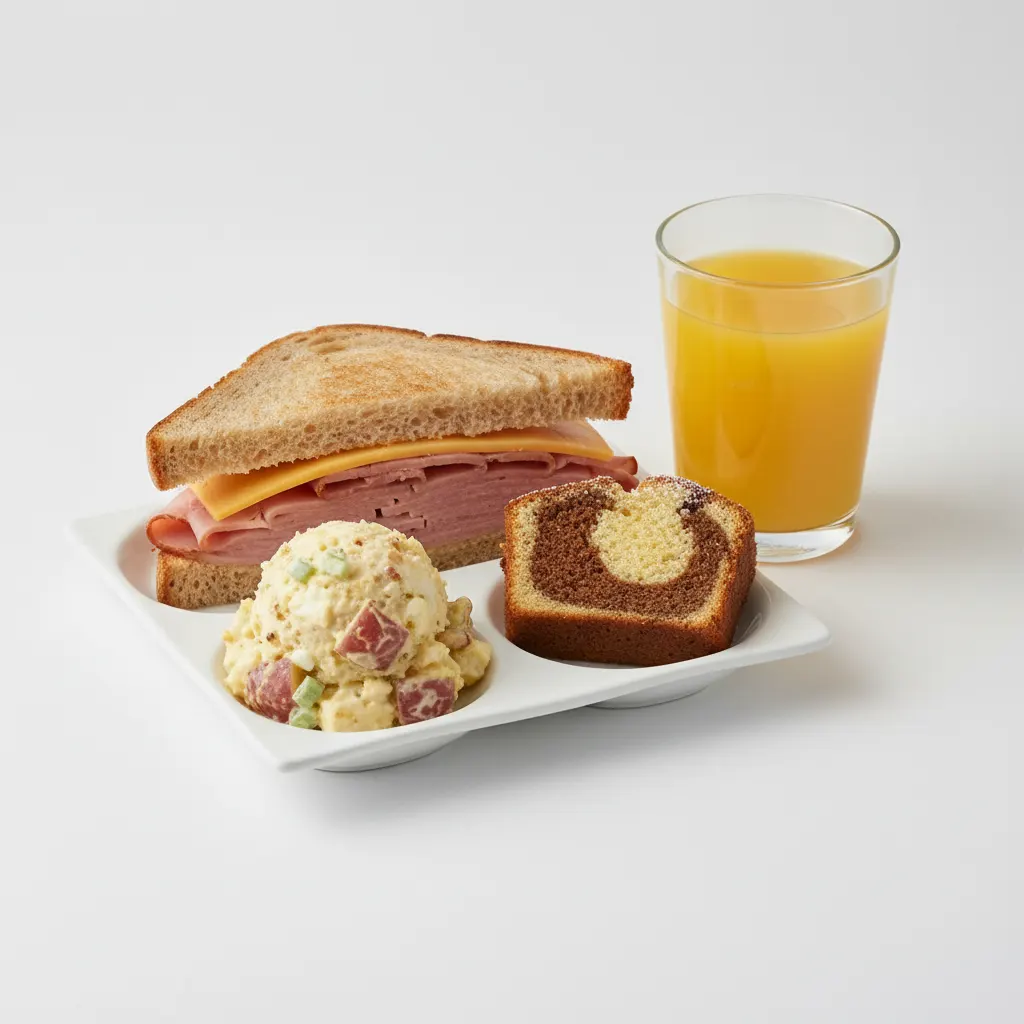 Ham and Cheese Sandwich, Potato Salad, Poundcake, Orange Juice Ham and Cheese Sandwich, Potato Salad, Poundcake, Orange Juice