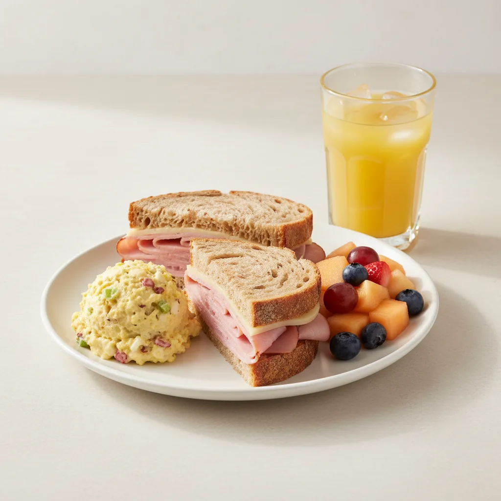 Ham and Cheese Sandwich, Potato Salad, Fruit, Orange Juice Ham and Cheese Sandwich, Potato Salad, Fruit, Orange Juice