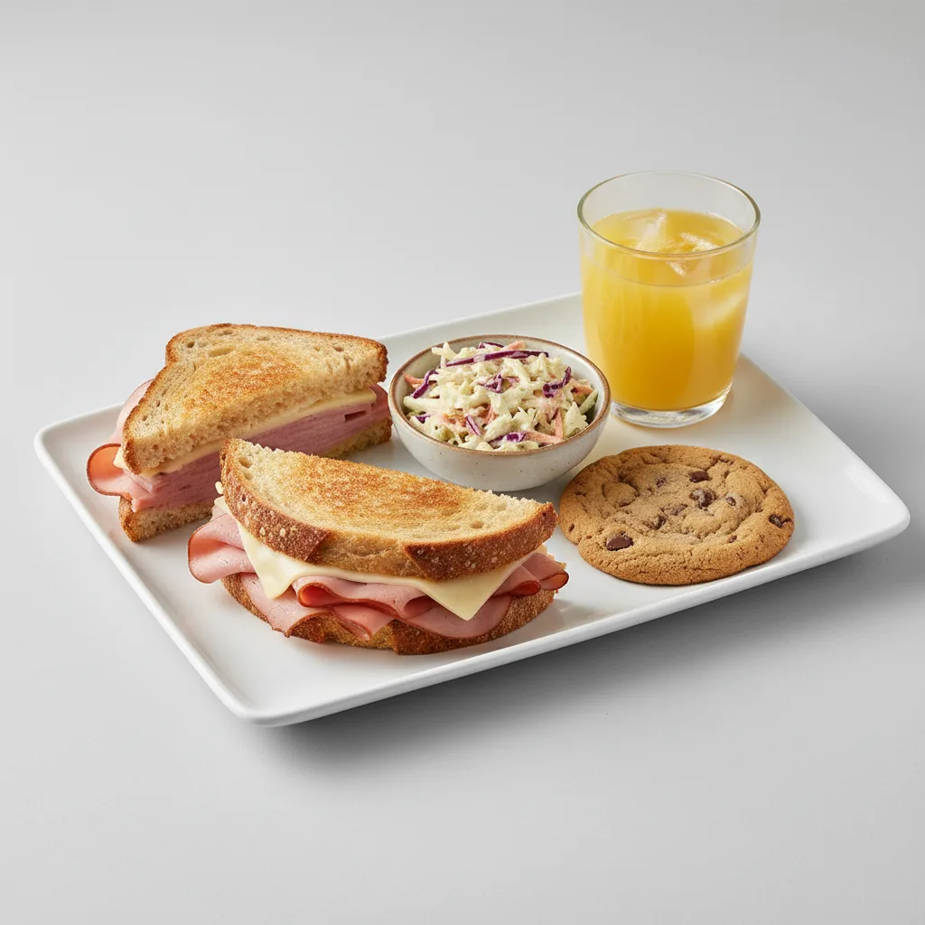 Ham and Cheese Sandwich, Coleslaw, Cookie, Orange Juice Ham and Cheese Sandwich, Coleslaw, Cookie, Orange Juice
