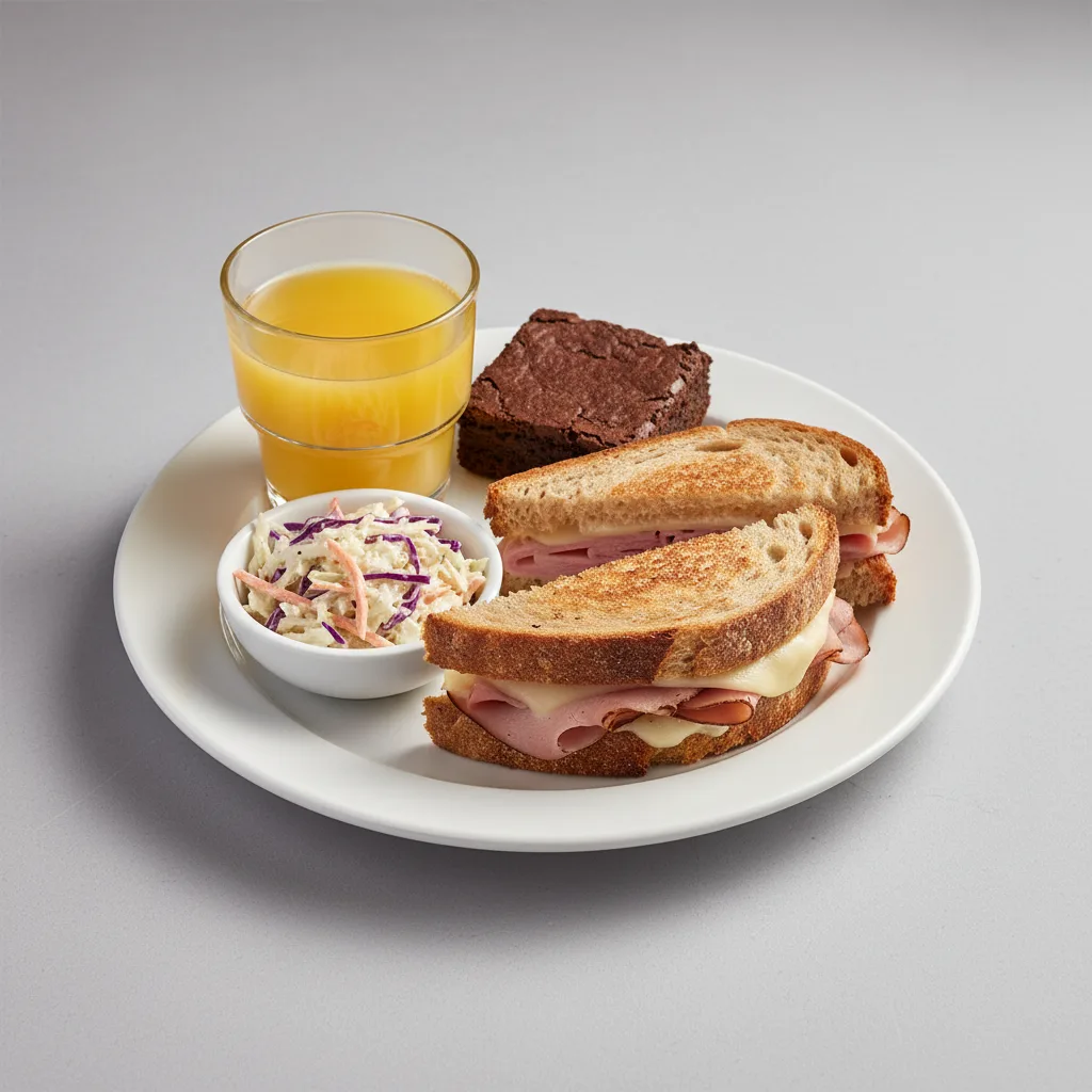 Ham and Cheese Sandwich, Coleslaw, Brownie, Orange Juice Ham and Cheese Sandwich, Coleslaw, Brownie, Orange Juice