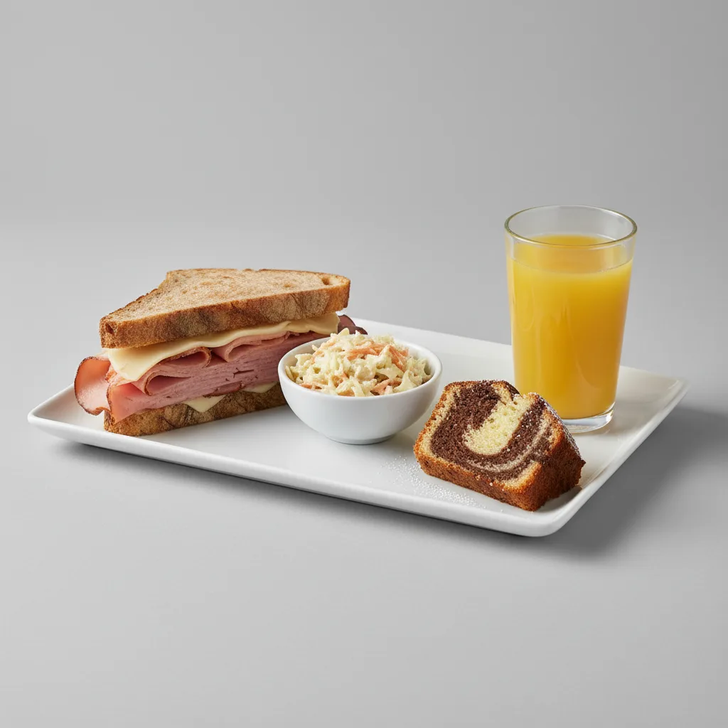 Ham and Cheese Sandwich, Coleslaw, Poundcake, Orange Juice Ham and Cheese Sandwich, Coleslaw, Poundcake, Orange Juice
