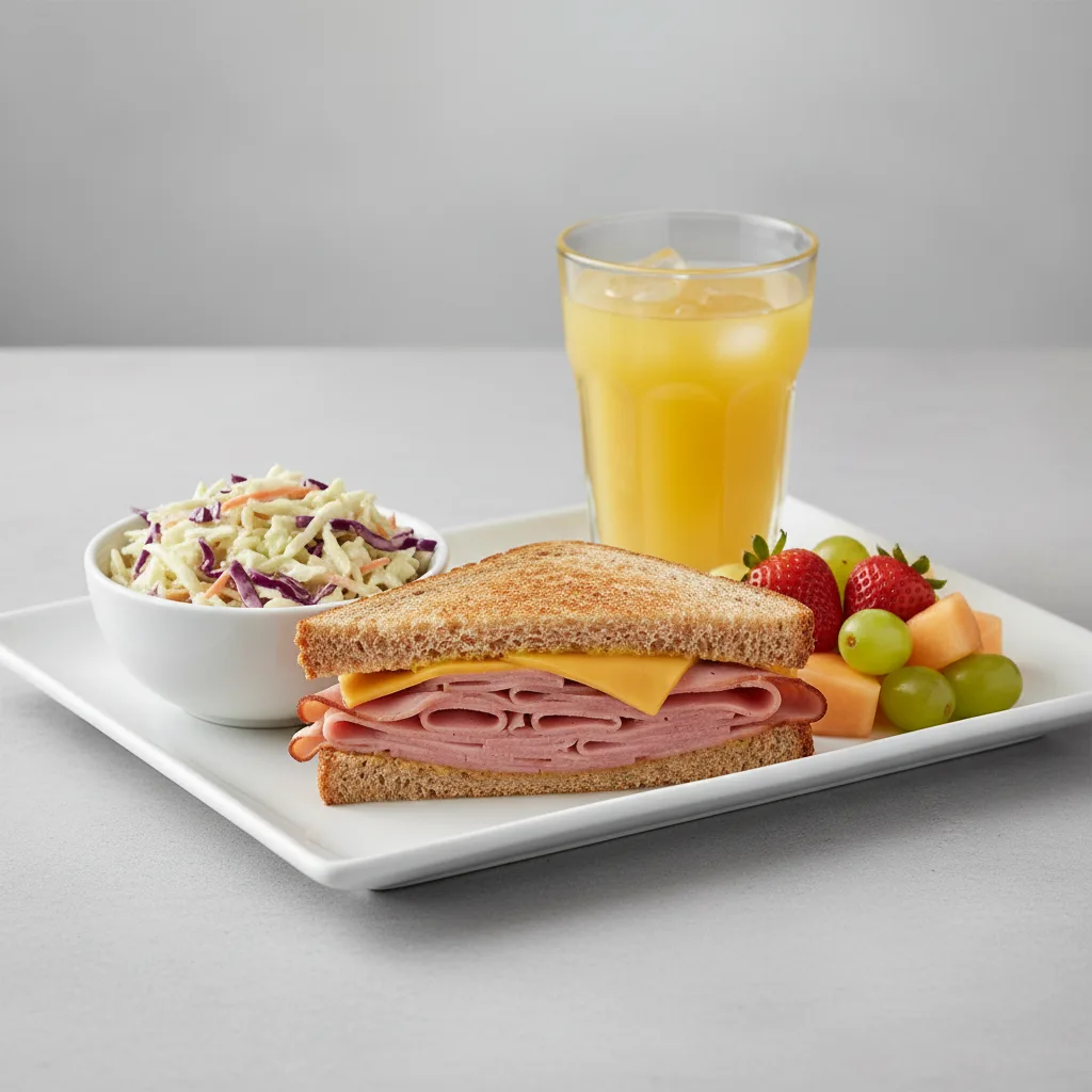 Ham and Cheese Sandwich, Coleslaw, Fruit, Orange Juice Ham and Cheese Sandwich, Coleslaw, Fruit, Orange Juice
