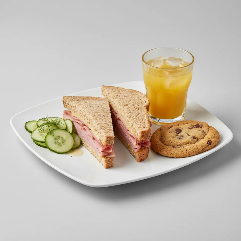 Ham and Cheese Sandwich, Cucumber Salad, Cookie, Orange Juice Ham and Cheese Sandwich, Cucumber Salad, Cookie, Orange Juice