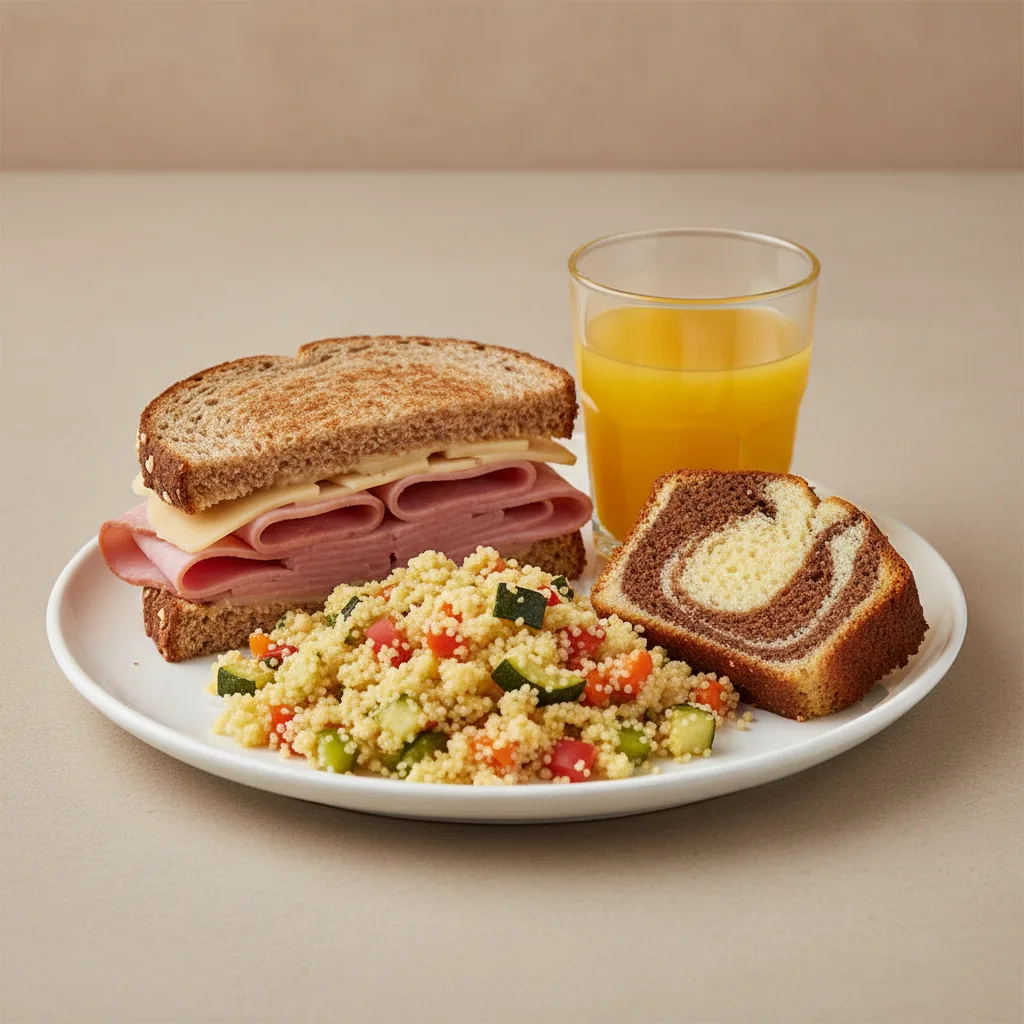 Ham and Cheese Sandwich, Couscous, Poundcake, Orange Juice Ham and Cheese Sandwich, Couscous, Poundcake, Orange Juice