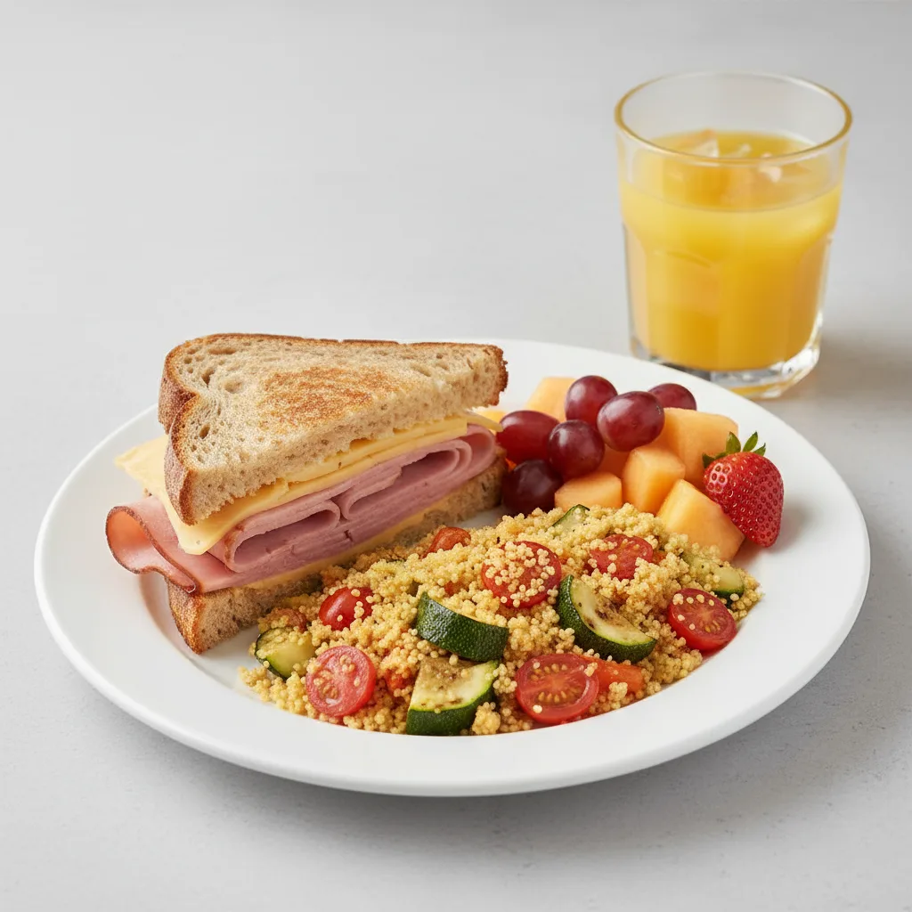 Ham and Cheese Sandwich, Couscous, Fruit, Orange Juice Ham and Cheese Sandwich, Couscous, Fruit, Orange Juice