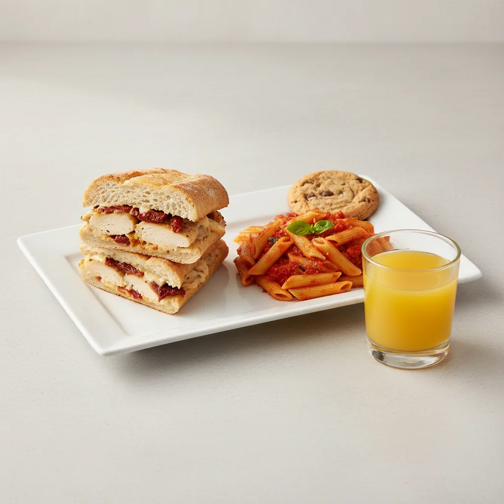 Chicken Provencal Sandwich Sandwich, Tomato Basil Penne, Cookie, Orange Juice Chicken Provencal Sandwich Sandwich, Tomato Basil Penne, Cookie, Orange Juice