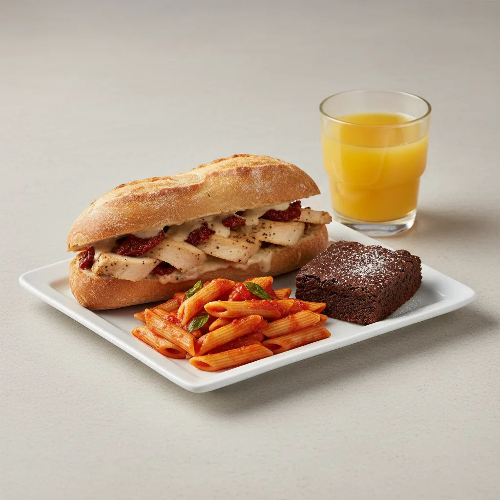 Chicken Provencal Sandwich, Tomato Basil Penne, Brownie, Orange Juice Chicken Provencal Sandwich, Tomato Basil Penne, Brownie, Orange Juice