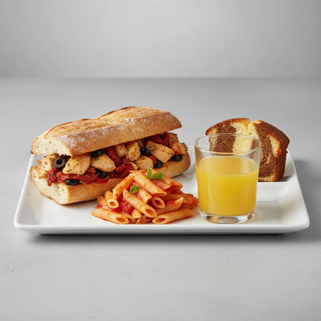 Chicken Provencal Sandwich, Tomato Basil Penne, Poundcake, Orange Juice Chicken Provencal Sandwich, Tomato Basil Penne, Poundcake, Orange Juice