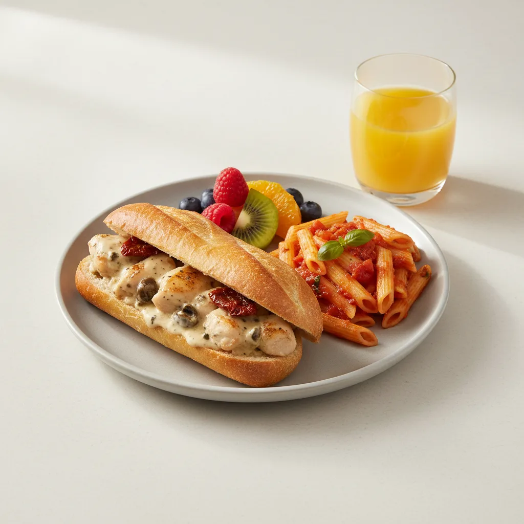 Chicken Provencal Sandwich, Tomato Basil Penne, Fruit, Orange Juice Chicken Provencal Sandwich, Tomato Basil Penne, Fruit, Orange Juice