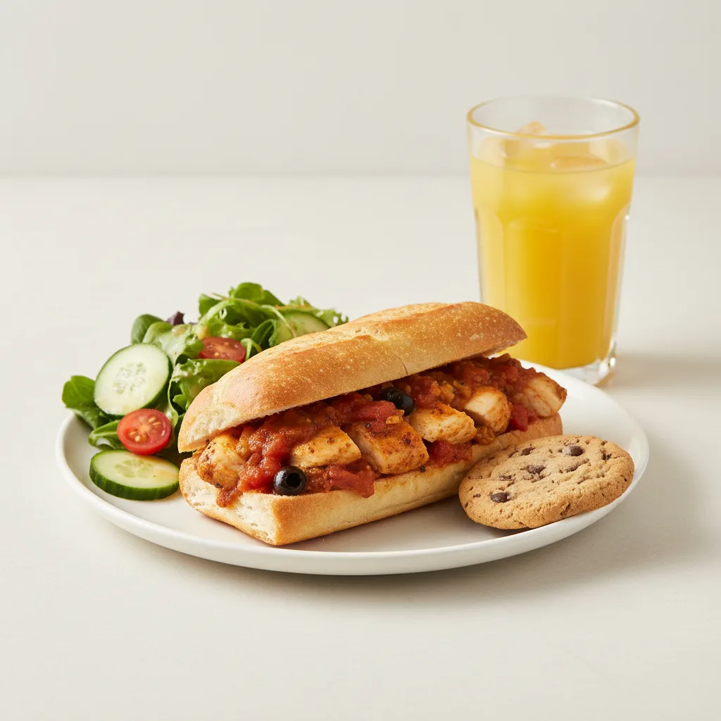 Chicken Provencal Sandwich, House House Salad, Cookie, Orange Juice Chicken Provencal Sandwich, House House Salad, Cookie, Orange Juice