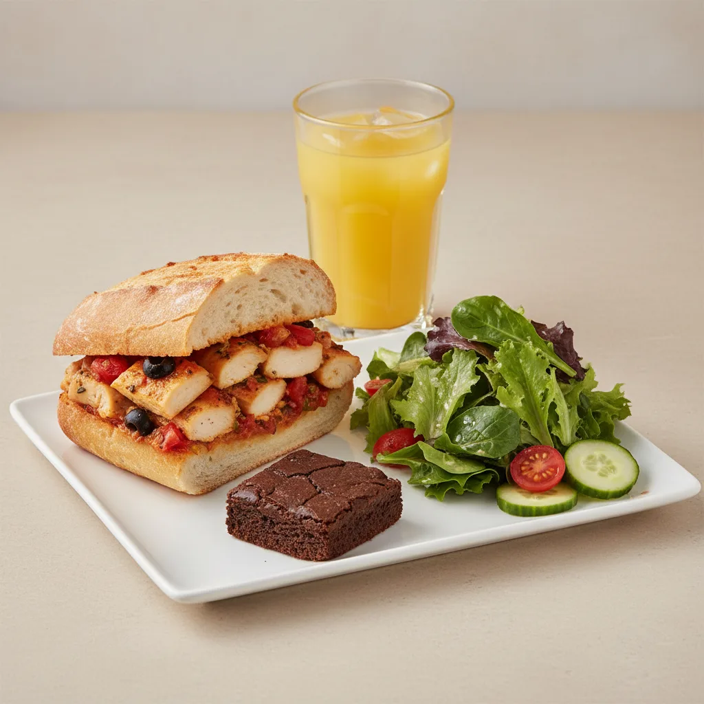Chicken Provencal Sandwich, House House Salad, Brownie, Orange Juice Chicken Provencal Sandwich, House House Salad, Brownie, Orange Juice