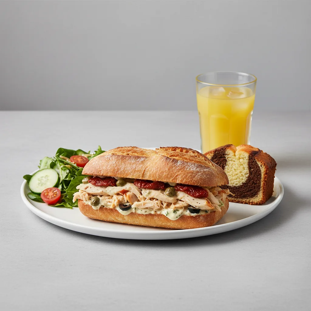 Chicken Provencal Sandwich, House House Salad, Poundcake, Orange Juice Chicken Provencal Sandwich, House House Salad, Poundcake, Orange Juice