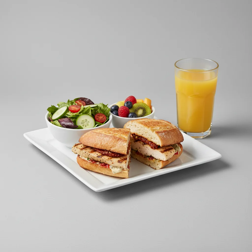 Chicken Provencal Sandwich, House House Salad, Fruit, Orange Juice Chicken Provencal Sandwich, House House Salad, Fruit, Orange Juice