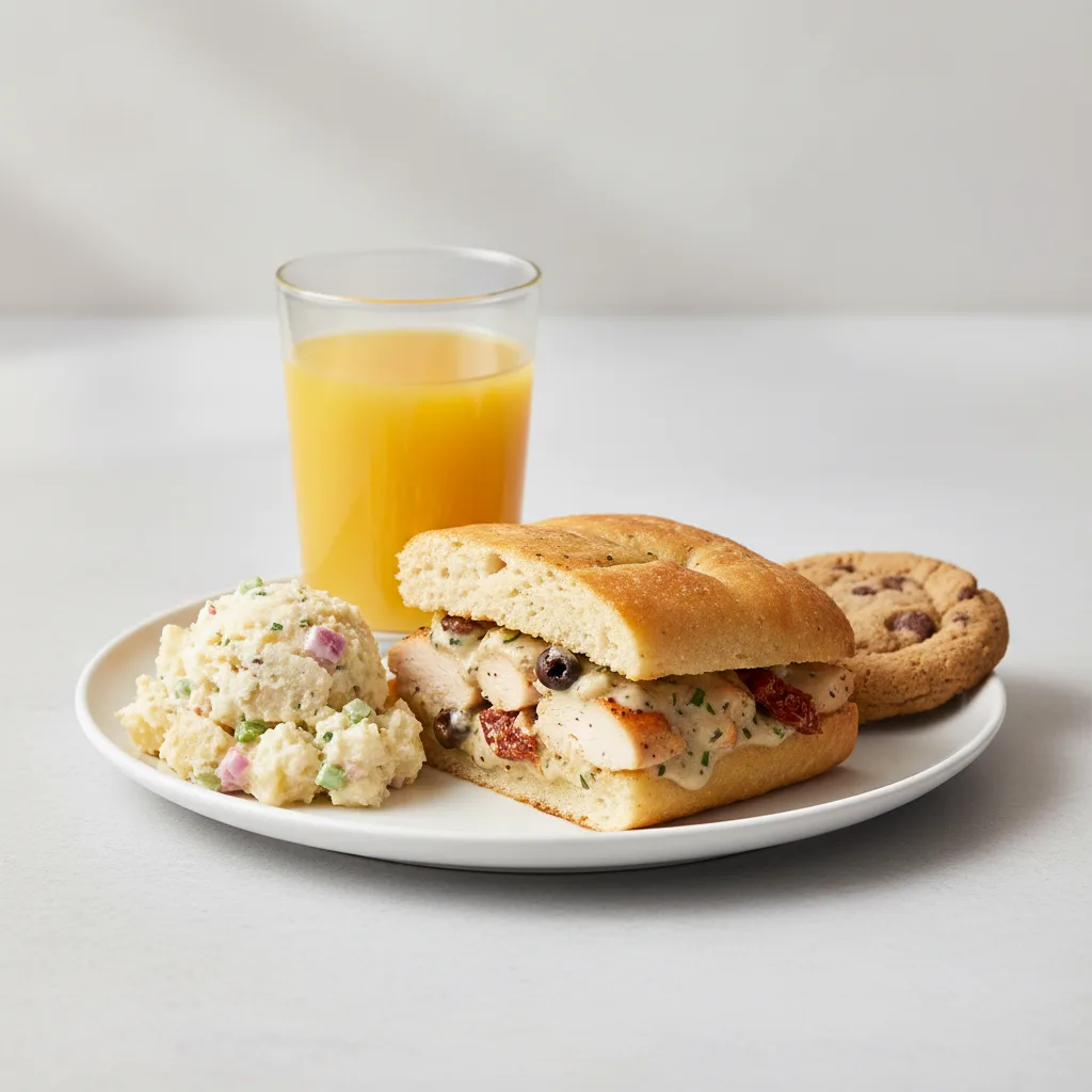 Chicken Provencal Sandwich, Potato House Salad, Cookie, Orange Juice Chicken Provencal Sandwich, Potato House Salad, Cookie, Orange Juice
