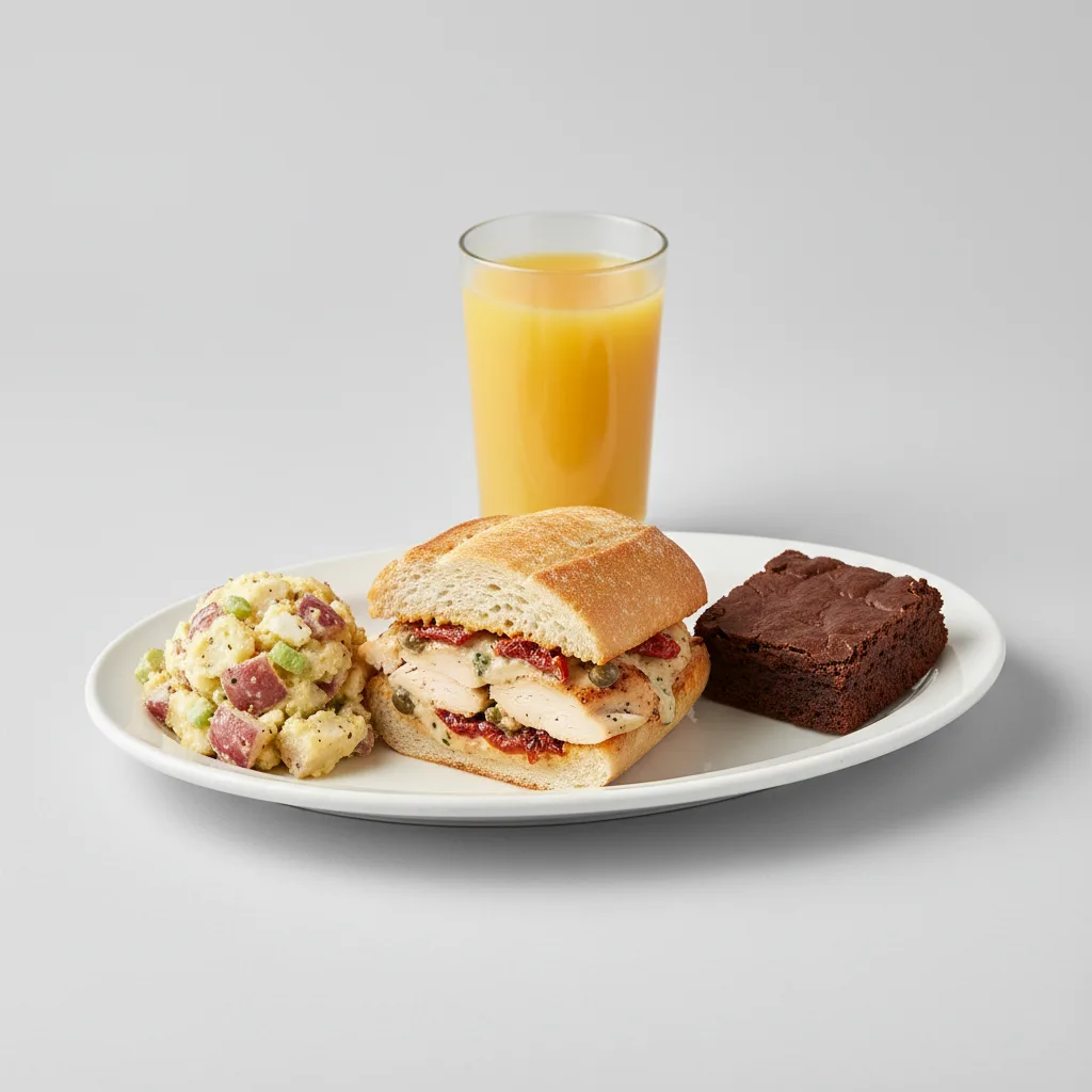 Chicken Provencal Sandwich, Potato House Salad, Brownie, Orange Juice Chicken Provencal Sandwich, Potato House Salad, Brownie, Orange Juice