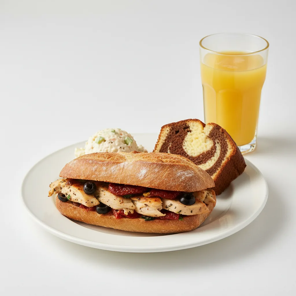 Chicken Provencal Sandwich, Potato House Salad, Poundcake, Orange Juice Chicken Provencal Sandwich, Potato House Salad, Poundcake, Orange Juice