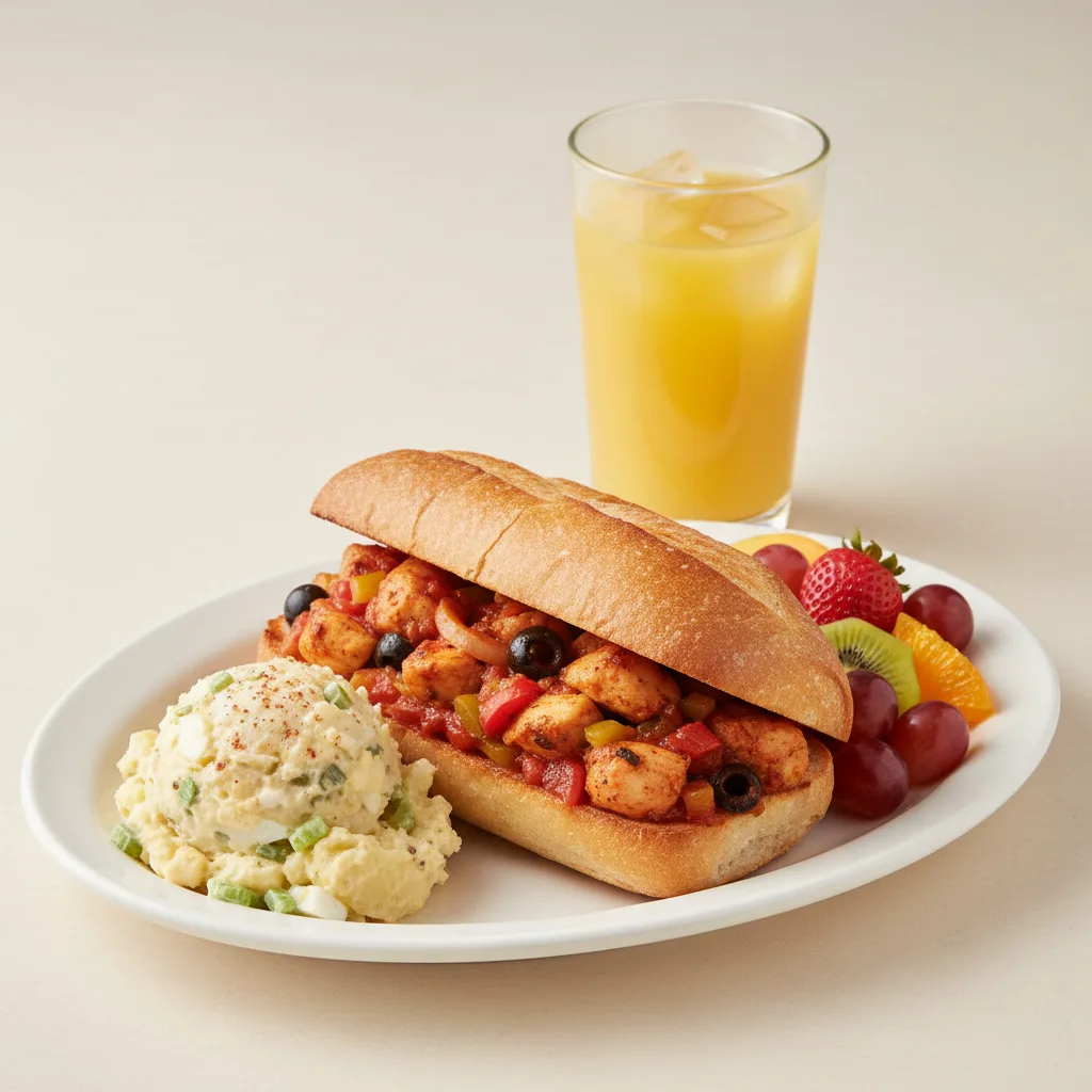 Chicken Provencal Sandwich, Potato House Salad, Fruit, Orange Juice Chicken Provencal Sandwich, Potato House Salad, Fruit, Orange Juice