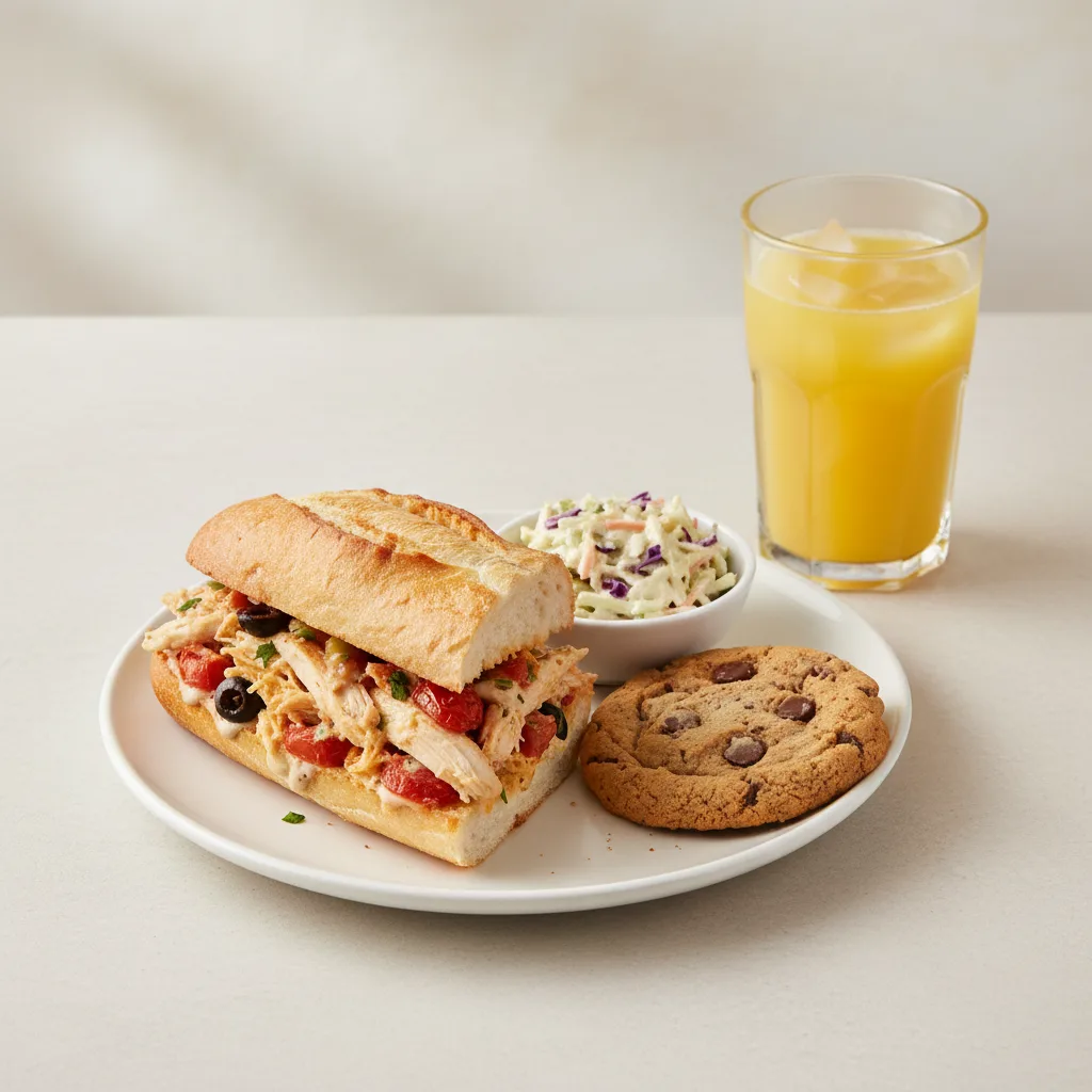 Chicken Provencal Sandwich, Coleslaw, Cookie, Orange Juice Chicken Provencal Sandwich, Coleslaw, Cookie, Orange Juice