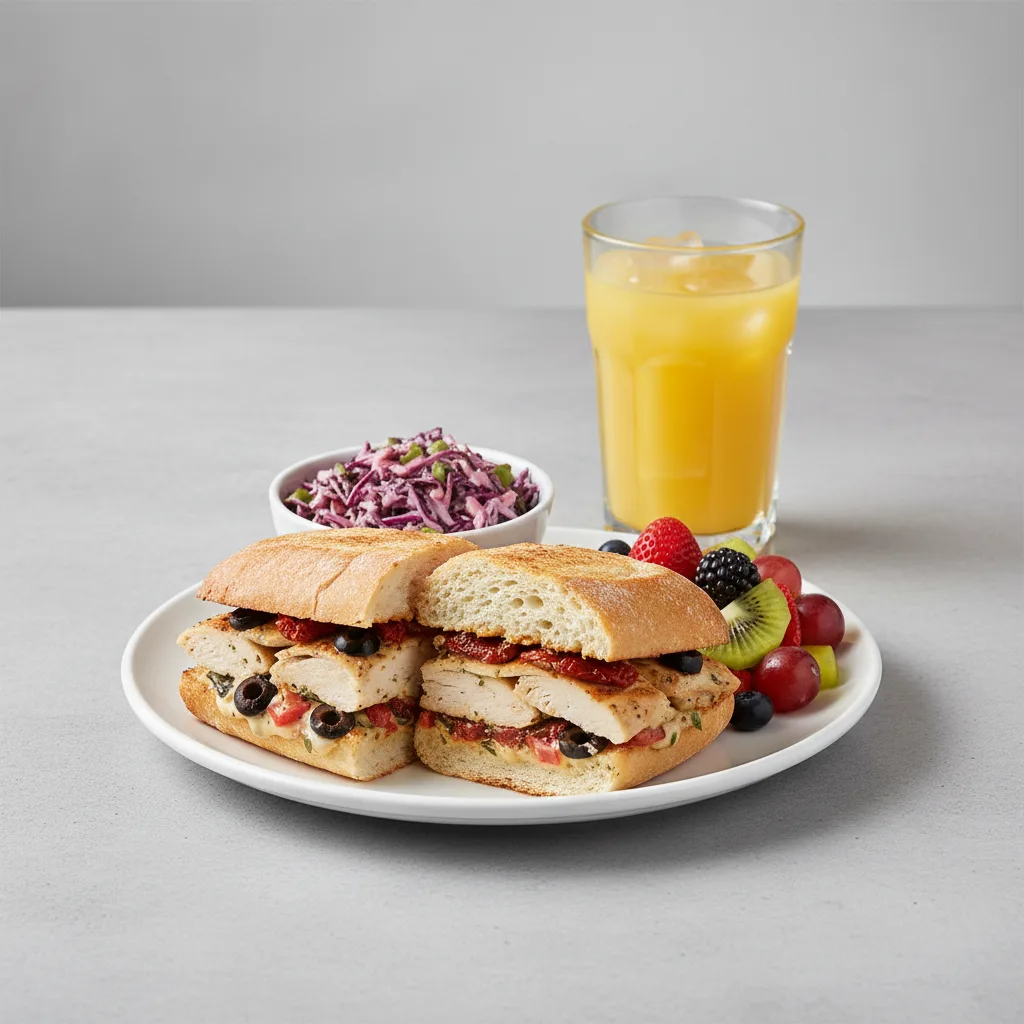 Chicken Provencal Sandwich, Coleslaw, Fruit, Orange Juice Chicken Provencal Sandwich, Coleslaw, Fruit, Orange Juice