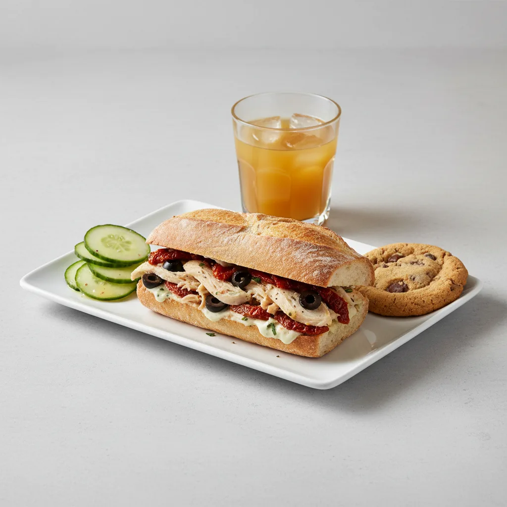 Chicken Provencal Sandwich, Cucumber Salad, Cookie, Orange Juice Chicken Provencal Sandwich, Cucumber Salad, Cookie, Orange Juice