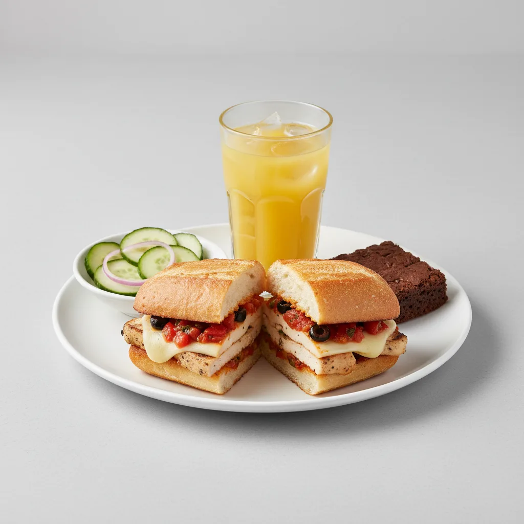 Chicken Provencal Sandwich, Cucumber Salad, Brownie, Orange Juice Chicken Provencal Sandwich, Cucumber Salad, Brownie, Orange Juice