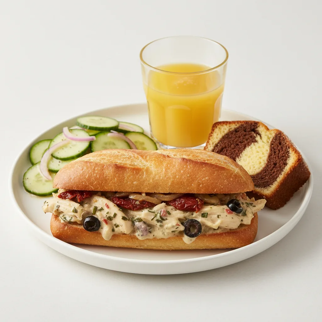 Chicken Provencal Sandwich, Cucumber Salad, Poundcake, Orange Juice Chicken Provencal Sandwich, Cucumber Salad, Poundcake, Orange Juice