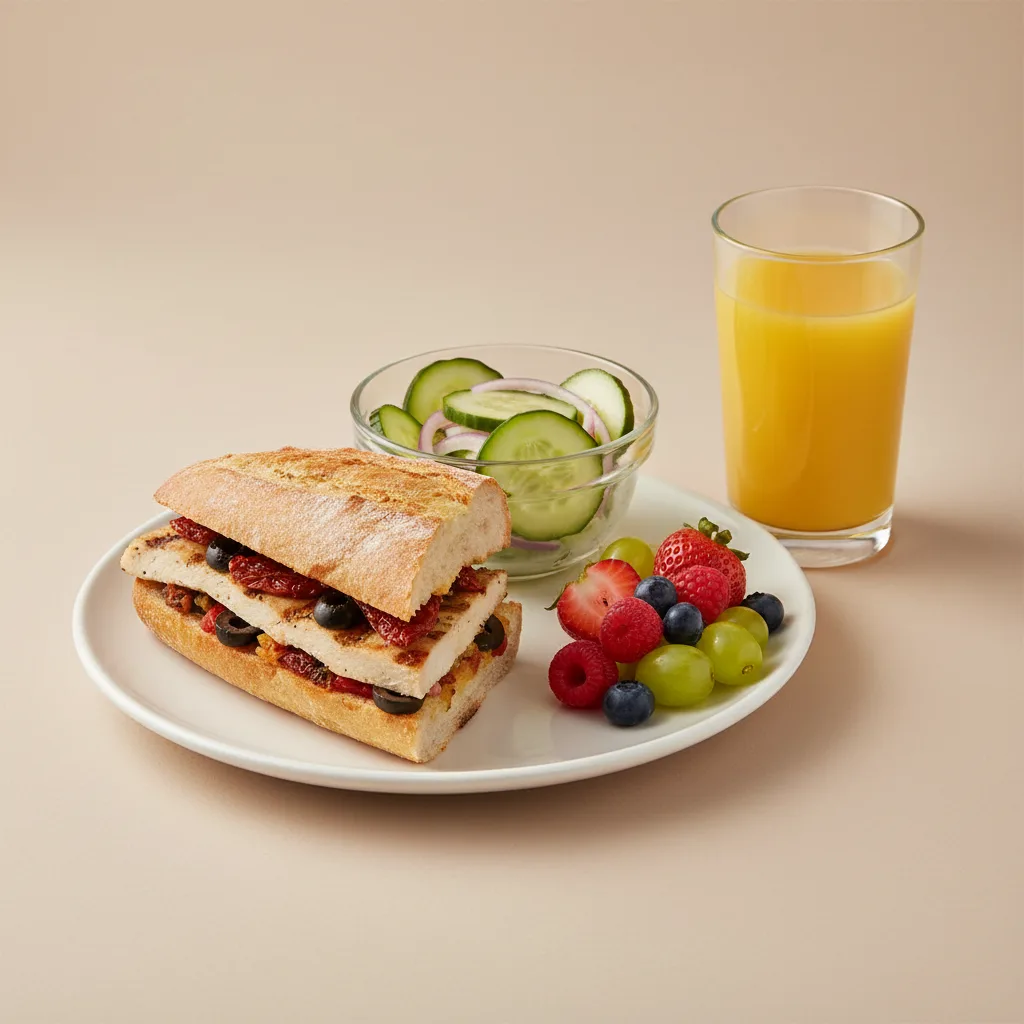Chicken Provencal Sandwich, Cucumber Salad, Fruit, Orange Juice Chicken Provencal Sandwich, Cucumber Salad, Fruit, Orange Juice