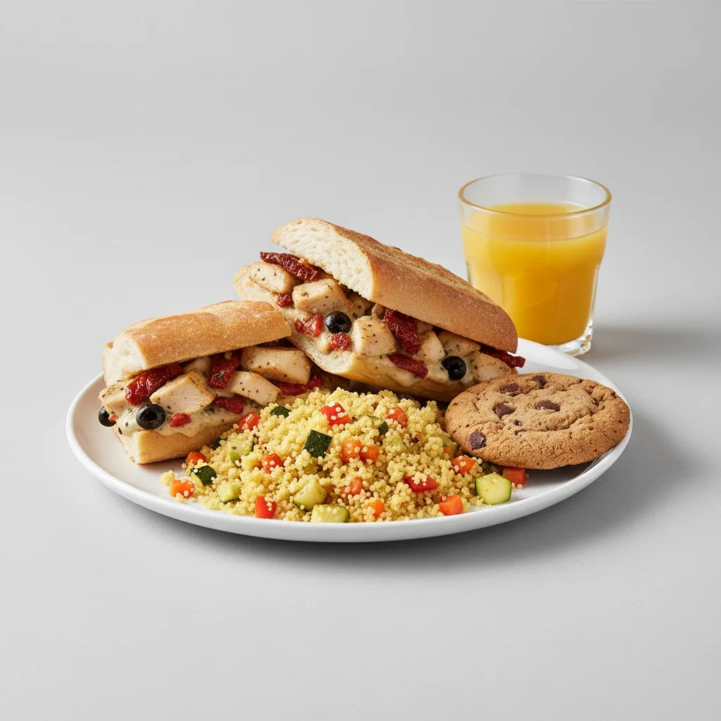 Chicken Provencal Sandwich, Couscous, Cookie, Orange Juice Chicken Provencal Sandwich, Couscous, Cookie, Orange Juice