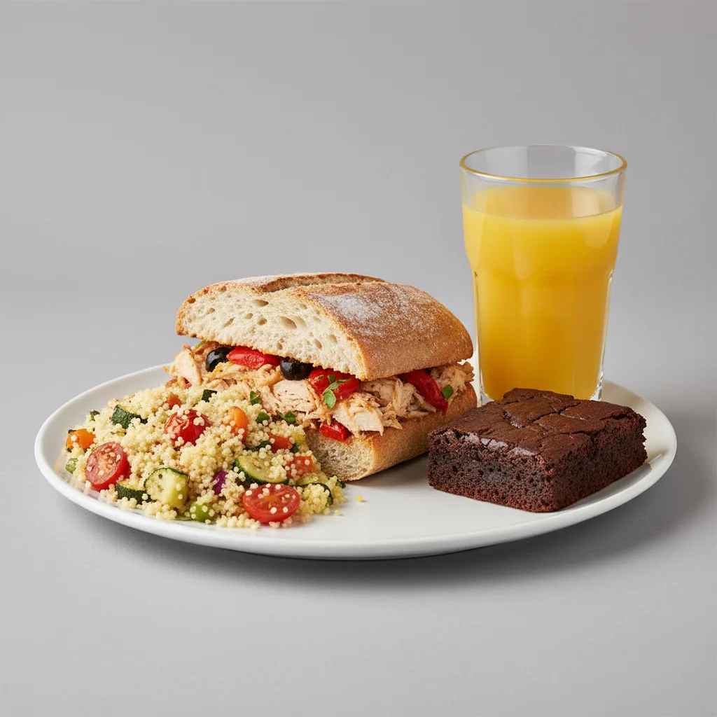 Chicken Provencal Sandwich, Couscous, Brownie, Orange Juice Chicken Provencal Sandwich, Couscous, Brownie, Orange Juice