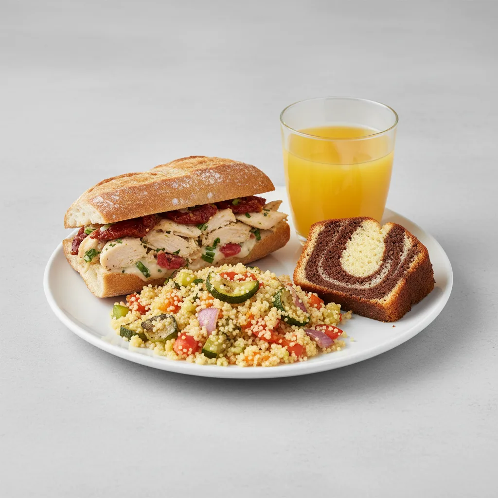 Chicken Provencal Sandwich, Couscous, Poundcake, Orange Juice Chicken Provencal Sandwich, Couscous, Poundcake, Orange Juice