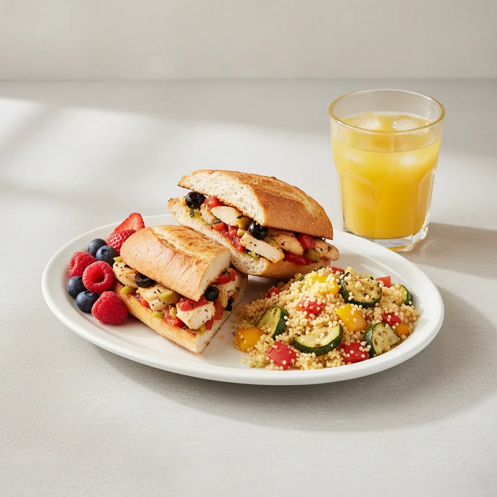 Chicken Provencal Sandwich, Couscous, Fruit, Orange Juice Chicken Provencal Sandwich, Couscous, Fruit, Orange Juice