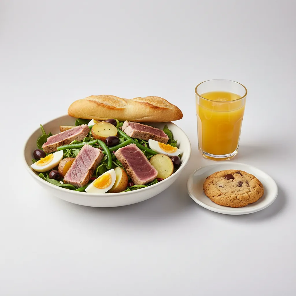Tuna Nicoise House Salad, Cookie, Orange Juice Tuna Nicoise House Salad, Cookie, Orange Juice