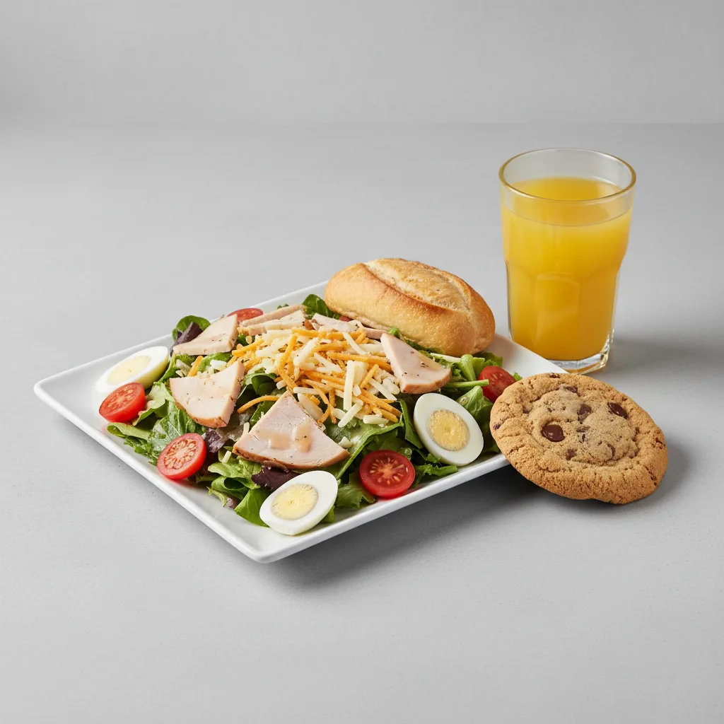 Chef House Salad, Chocolate Chip Cookie, Orange Juice Chef House Salad, Chocolate Chip Cookie, Orange Juice