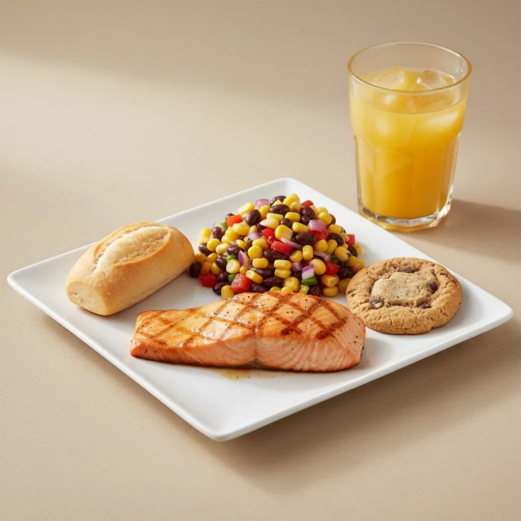 Grilled Salmon, Corn and Black Bean Salad, Cookie, Orange Juice Grilled Salmon, Corn and Black Bean Salad, Cookie, Orange Juice