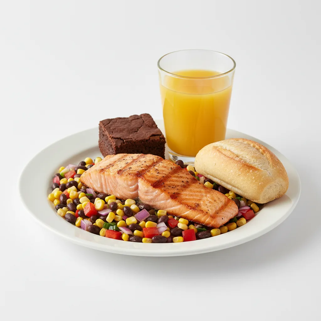 Grilled Salmon, Corn and Black Bean Salad, Brownie, Orange Juice Grilled Salmon, Corn and Black Bean Salad, Brownie, Orange Juice