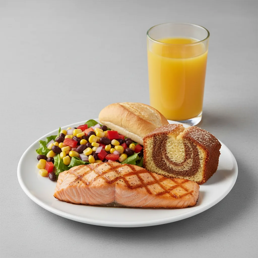 Grilled Salmon, Corn and Black Bean Salad, Poundcake, Orange Juice Grilled Salmon, Corn and Black Bean Salad, Poundcake, Orange Juice