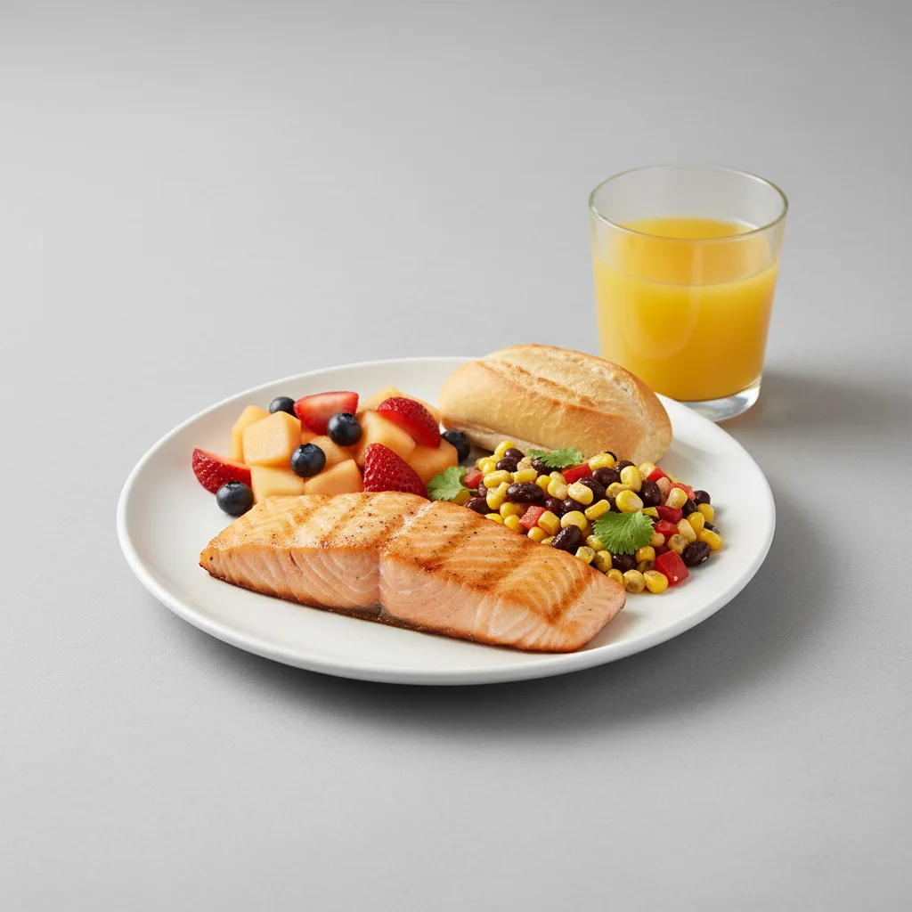 Grilled Salmon, Corn and Black Bean Salad, Fruit, Orange Juice Grilled Salmon, Corn and Black Bean Salad, Fruit, Orange Juice